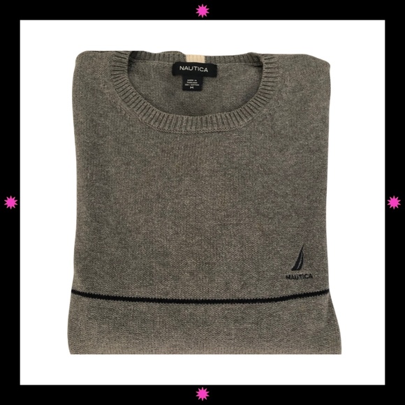 MEN'S GRAY SWEATER WITH THIN NAVY BLUE STRIPE BY NAUTICA MEDIUM - Picture 4 of 8